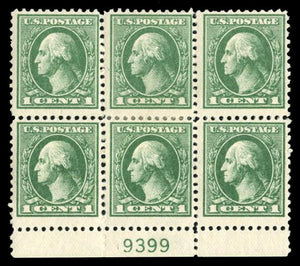 US #525 1918 1c gray green, plate block of six, hinge remnant. Cat. 525