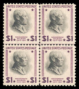 US #832 1938 $1 purple and black, center line block of four, never hinged. Cat. 832